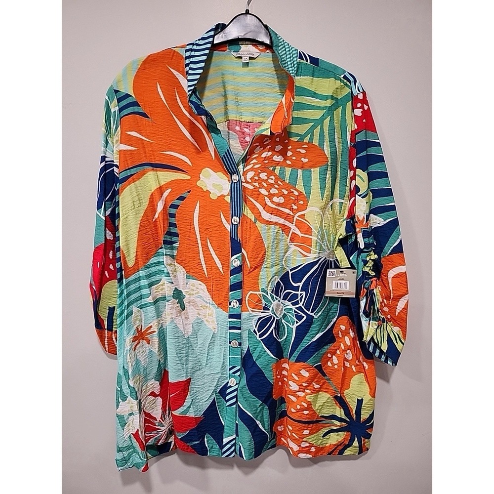 John‎ Mark NWT Woman's 2xl Multicolor Floral Print  Cinch Sleeve Collar Blouse